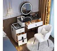 LED Makeup Vanity Set with Glass Top Padded Stool Sliding Drawer USB Charging Station - Elegant White Dressing Table for Bedroom