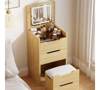 LED Makeup Vanity Table with Folding Mirror Hidden Stool Drawers Glass Top & Tri-Color Lights - Compact Makeup Station & Stylish Bedroom Furniture for Women