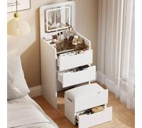 LED Makeup Vanity with Mirror Hidden Stool Drawer Storage Glass Top & Tri-Color Lights - Compact Bedroom Furniture for Beauty and Makeup Essentials