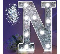 LED Marquee Letter Lights, Light Up Silver Glitter Letters Sign Battery Powered Night Light for Birthday Party Wedding Home Decoration Baby Shower-N