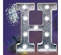 LED Marquee Letter Lights, Light Up Silver Glitter Letters Sign Battery Powered Night Light for Birthday Party Wedding Home Decoration Baby Shower-H