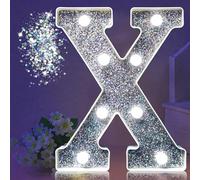 LED Marquee Letter Lights, Light Up Silver Glitter Letters Sign Battery Powered Night Light for Birthday Party Wedding Home Decoration Baby Shower-X