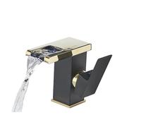 LED Matte Black Bathroom Sink Faucet Three Colors Change with Temperature Waterfall Hot and Cold Water Mixer Taps(Black Gold A)