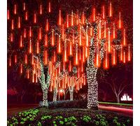 LED Meteor Shower Solar Lights Outdoor, 30cm 10 Tubes 360LEDs Garden Meteor Shower Lights Waterproof Falling Lights Raindrop Lights Christmas Tree Lights (Red)