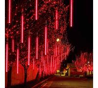 LED Meteor Shower Solar Lights Outdoor,DINOWIN Waterproof Garden Lights 30cm 10 Tubes 360LEDs Falling Lights Raindrop Lights,Holiday Party Wedding Christmas Tree Decoration String Lights (Red)