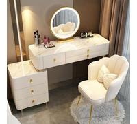 LED Mirror Makeup Table with Adjustable Brightness Velvet Chair 3 Colors Modern Design 5 Ders Solid Wood for Bedroom L: 80 100 CM