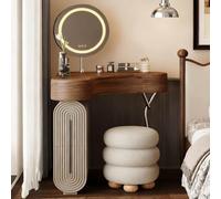 LED Mirror Makeup Vanity Desk, Compact Corner Dressing Table with 3 Drawers, Simple Wooden Design, 2-in-1 Nightstand Suitable for Small Spaces, Includes Stool