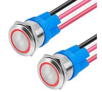 LED Momentary Push Button Switch, Stainless Steel, IP67 Waterproof 5-24V 20A 1NO1NC, with Wire Socket Plug(Red,2_22MM)