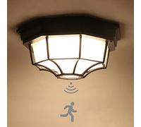 LED Motion Sensor Ceiling Light Fixture Outdoor Flush Mount Dusk to Dawn Matte Black Aluminum Indoor Ceiling Light Fixture with Frosted Glass for Front Porch Garage Entrance Hallway