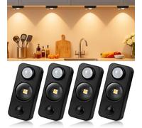 LED Motion Sensor Lights Indoor, 4 Pack Rechargeable Cupboard Lights, Stick-On Under Cabinet Lights, 3 Modes, Dimmable USB Rechargeable Wardrobe Lights for Kitchen, Closet, Stairs, Warm White
