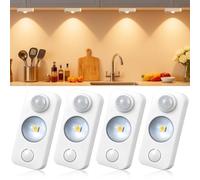 LED Motion Sensor Lights Indoor, Rechargeable Cupboard Lights with 3 Modes, Stick-On Dimmable Wireless USB Night Light for Wardrobe, Drawer, Shelf, Stairs, Hallway, Under Cabinets, Warm White(4 Pack)