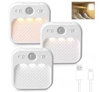 LED Motion Sensor Night Light - 3 Pack Plug in Night Light Motion Sensor with 3 Colours, Wireless Rechargeable LED Auto/ON/Off Light, Cupboard Lights for Stairs, Bedroom, Shelf, Kitchen, Hallway Light