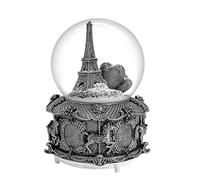 LED Music Snow Globe Vintage Eiffel Tower Buildings Embedded Carousel Retro Home Decoration for Book Shelf Cabinet Floating Board Office Desk Table Top Decor Centerpieces Ornament (Silver A)