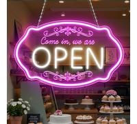LED Neon Open Sign for Business, 16.5x10'' Come in We’re Open Sign, Pink&White Adjustable Brightness Neon Lights for Party Bar Salon Stores Hotel Wall Decor Clubs Hotels