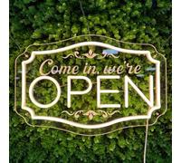 LED Neon Open Sign for Business, Adjustable Brightness Neon Lights for Party Bar Salon Stores Hotel Wall Decor Come in we're Open (Warm White, 16.5x11'')