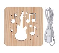 LED Night Light with 3D Wooden Guitar Hollow Design, Warm White Wooden Bedside Lamp, 360° Illumination USB Powered Night Light for Bedroom Living Room Office