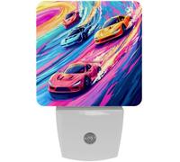 LED Night Lights Plug into Wall 2-Pack, Nightlights with Auto Dusk to Dawn Sensor for Kids Room Nursery Hallway Stairs,Race Cars with Vibrant Colors on The Racing Track