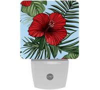 LED Night Lights Plug into Wall 2-Pack, Nightlights with Auto Dusk to Dawn Sensor for Kids Room Nursery Hallway Stairs,Tropical Red Hibiscus Flowers Green Palm Leaves