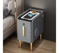 LED Nightstand Modern End Table for Bedroom, Fingerprint Lock Smart Nightstand with 3 Color LED, Wireless Charging Station & USB Ports Bluetooth Speaker, PU Leather Bedside Table,25cm,Light Gray