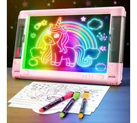 LED Note Board with Colors, Rechargeable 9 Modes Light Up Acrylic Dry Erase Board, 15 Inch Neon Art Tracing Board Creative Gift Toy for Kids & Teens with 6 Colored Markers, 10 Tracing Sheets-Pink