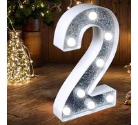 LED Number Light - Light Up Silver Glitter Number Lights Sign Perfect for use as a Night Light or at Wedding Birthday Party Home Decoration (Number 2)