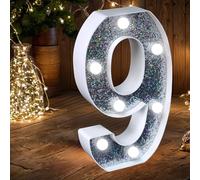 LED Number Light - Light Up Silver Glitter Number Lights Sign Perfect for use as a Night Light or at Wedding Birthday Party Home Decoration (Number 9)