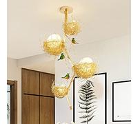 LED Pendant Light, Cream Glass Egg Pendant Lamp Chandelier Gold Chandelier Light Hanging Lamp with Nest and Bird Decoration for Kitchen Living Room Bedroom Island Restaurant Cafe, 4-Light Lucky Star