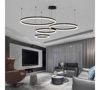 LED Pendant Light for Kitchen Island, 4-Ring Black Modern Chandelier, Dimmable 3000K-6500K, Adjustable Height, Remote Control, Hanging Ceiling Lighting Fixture for Dining Room, Living Room Lamp