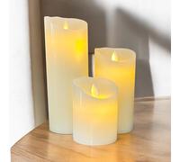LED Pillar Candles, Set of 3, Dancing Flame Effect, 7.5cm Diameter x 10/15/20cm Heights, Ivory