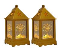 LED Ramadan Lantern Lights - Eid Mubarak Lamp, Candle Decor for Muslim Islamic Festival - Mini Hanging Castle Lantern for Home, Garden Table Decorations (Gold, 2Pack)