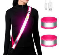 LED Reflective Running Gear High Visibility Reflective Belt Sash with Armband for Walking at Night,Adjustable Running Safety Gear Light Up Running Belt for Runners Walkers Men Women (PINK)