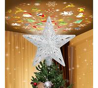 LED Rotating Tree Topper Light Projector with 6 Slides - Silver Christmas Star for Tree Decorations