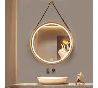 LED Round Mirror 50cm Bathroom Mirror with Leather Strap & Touch Control Tri-Color Lighting Anti-Fog Dimmable Gold Finish for Vanity Sink