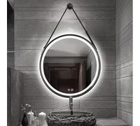 LED Round Mirror 70cm Bathroom Mirror with Leather Strap & Touch Control Tri-Color Lighting Anti-Fog Dimmable Stylish Bathroom Vanity Mirror for Sink - Black