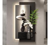 LED Sandstone Green Plant Decoration Painting, 3D Wall Art Decor with Vase and Artificial Plant, Creative Wall Fresco for Living Room Bedroom(Black B,40x80cm/15.7x31.5in)