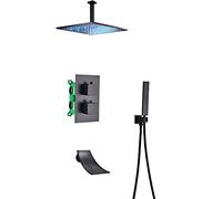 LED Shower System Thermostatic Concealed Shower Faucet Black Shower Combo Set with Handheld Sprayer and Square Rain Shower Head, Waterfall Tub Spout Tub and Shower Trim Kit,Type B,