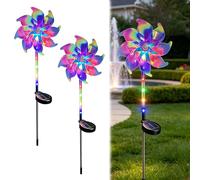 LED Solar Garden Pinwheel, Rainbow Solar Wind Spinner with LED Lights, Solar Powered Garden Stake, Outdoor Decoration for Lawn, Patio, Balcony, Flower Beds (2PC)