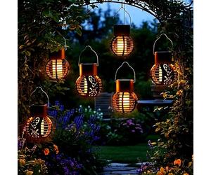LED Solar Lantern Small with Flame Effect - Set of 6 - Mini Lantern 9 x 7 cm for Hanging Outdoor Use - Garden Lantern Decorative Lighting Solar Lantern Solar Lamp Hanging Light