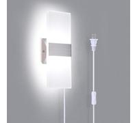 LED Square Sconces 12W Modern with Switch Up and Down Wall Light Indoor White Light 6000K Bedside Lamp with 29cm Plug Cable for Bedroom Living Room