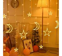 LED Star Moon Curtain Lights, Ramadan String Lights, 3.5M LED String Lights with 2 Different Modes, Decoration for Home Indoor Ramadan Christmas Wedding Led Curtain Lights Holiday Decor (Warm White)