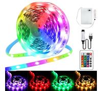 LED Strip Battery, 5 m RGB 5050 LED Strip, Battery Operated or USB Operated, Remote Control, Dimmable, 16 Colours, LED Tape, Self-Adhesive for TV Backlight Decoration, Home Party Decoration