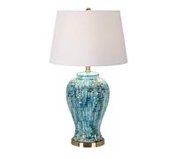 LED Table Lamp Ceramic Table Lamp Teal Glaze Patterned Temple Jar White Shade for Living Room Family Bedroom Bedside Lamp