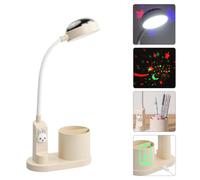 LED Table Lamp with Projection & Pen Holder, Rechargeable Desk Lamp, Dimmable LED Reading Lamp for Children, Adjustable Eye-Caring Kids Bedside Lamp Light for Home Office Bedroom Study Room (White)