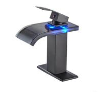 LED Temperature Faucet Black Brass Waterfall Basin Tap No Overflow Single Handle for Modern Bathroom Vanity Sink Decor