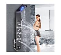 LED Thermostatic Shower Panel Tower System Multi-Function Shower System Digital Display Shower Panel with 5 Function Water Outlet, Black Finish