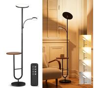 LED Uplighter Floor Lamp with Table & Reading Light, Super Bright 36W Dimmable Standing Lamp with Shelf, Remote & Touch Control, 1H Timer, Modern Floor Lamp with Brown Shelf for Living Room Bedroom