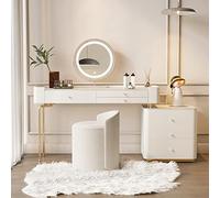 LED Vanity Makeup Desk - Solid Wood Dressing Table with Storage & Round Mirror - Adjustable Cosmetic Table & Chair Set for Beauty Lovers & Makeup Artists