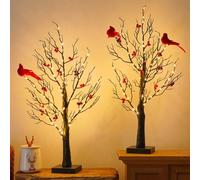 LED Vintage Glowing Tree, Vintage Glowing Trees with Cardinals and Berries, Ansurely Cardinal Tree with Festive Red Berry & Bird Décor for Halloween, Christmas, Operated by Battery(2pcs)