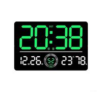 LED wall clock with large digital display showing time, date, temperature, week, and alarm, includes remote control and countdown timer function (Is green)