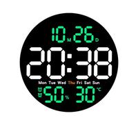 LED Wall Clock with Temperature and Humidity Display with 10 Levels of Dimming and Remote Control. (Black Green)